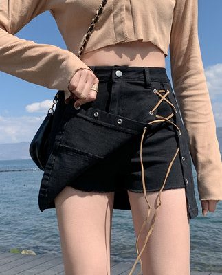 Váy ngắn denim cạp cao của phụ nữ mùa hè mỏng phần mỏng nóng cô gái sexy quai một đường xẻ váy túi hông hakama