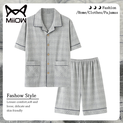 Đồ ngủ người mèo cotton nam mùa hè mỏng phần ngắn tay áo nịt kẻ sọc cho trẻ trung và trung niên quần áo rộng rãi ở nhà nam