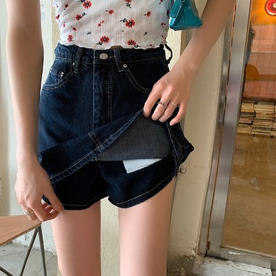 Thiết kế mùa hè cảm giác một đường denim váy túi hông váy của phụ nữ hakama cạp cao màu đen váy nhỏ