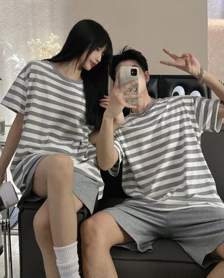 Bộ đồ ngủ cặp đôi sọc Nhật Bản của phụ nữ mùa hè cotton ngắn tay của nam giới phần mỏng thông thường có thể được mặc bên ngoài bộ quần áo ở nhà phù hợp với phụ nữ