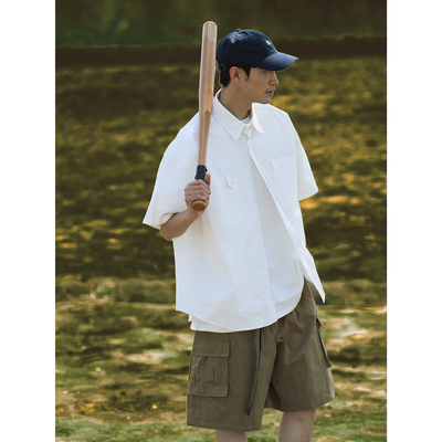 Mùa hè áo sơ mi ngắn tay nam giới Nhật Bản thành phố cổ điển giản dị áo sơ mi trắng xu hướng áo sơ mi trắng dụng cụ lỏng lẻo nửa trên tay áo