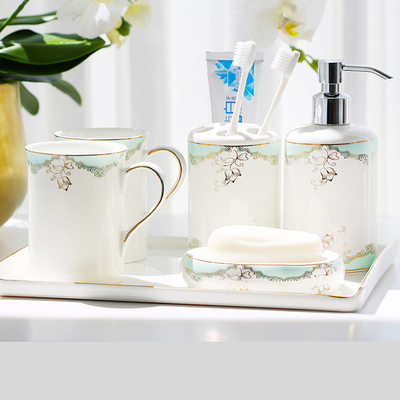 Bộ đồ dùng vệ sinh trong phòng tắm cốc nước súc miệng gốm sứ 5 mảnh cốc đánh răng vật dụng phòng tắm chải bàn chải đánh răng cốc gia dụng ánh sáng sang trọng