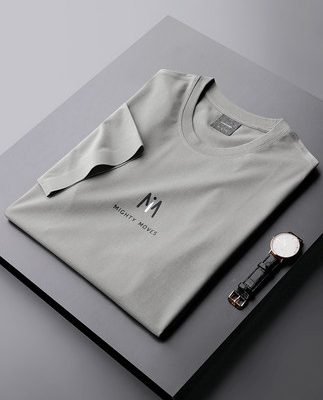 Quần áo cotton được may liền mạch lụa băng cổ tròn ngắn tay áo thun nam mùa hè mỏng giản dị cao cấp nửa dưới tay áo sơ mi