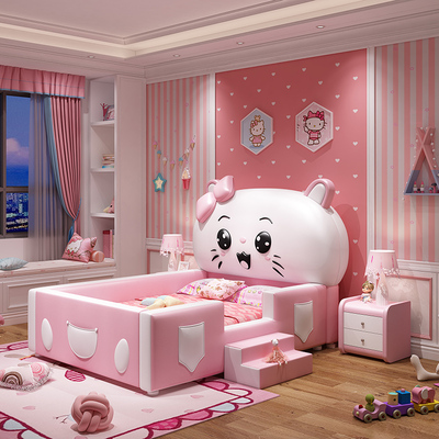 Giường trẻ em cô gái giường công chúa có lan can giường trẻ em phòng ngủ phim hoạt hình mèo Kitty giường đơn nội thất phòng trẻ em