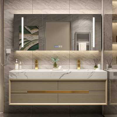 Tủ phòng tắm sang trọng nhẹ tủ đá phiến chậu rửa hiện đại chậu rửa nhà vệ sinh kết hợp bộ gỗ sồi màu trà sữa