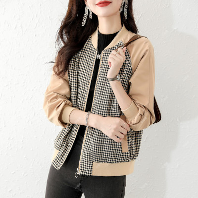 Tháng 9 Momo 2021 mùa thu mới thời trang nhấn màu khâu nhấn màu houndstooth áo khoác nữ giản dị áo khoác ngắn