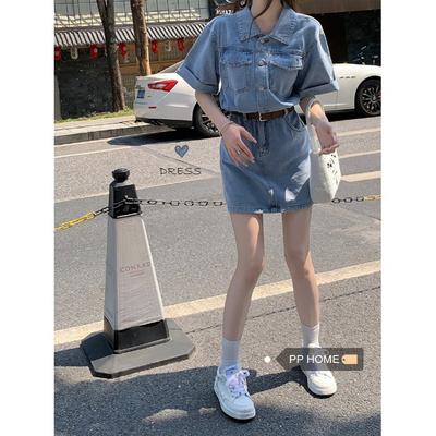 PPHOME thời trang baby ~ váy denim ngắn tay mùa hè eo nhỏ là váy sơ mi dụng cụ mỏng