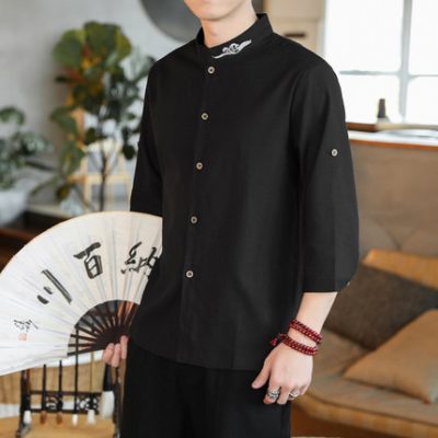 Áo sơ mi 3/4 tay áo sơ mi nam cổ đứng lỏng lẻo Phong cách Trung Quốc Áo sơ mi vải lanh ngắn tay thêu Áo khoác mỏng mùa hè giản dị