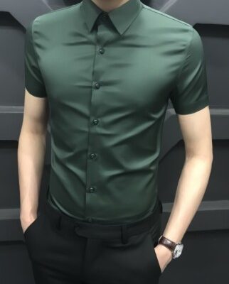 Áo sơ mi nam ngắn tay lụa băng mùa hè phiên bản hàn quốc thời thượng thời trang màu đen áo sơ mi nam công sở cao cấp miễn phí ủi trắng