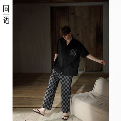 Tongyu pyjama nam mùa hè cotton ngắn tay kẻ sọc mỏng hai mảnh rộng rãi của nam giới có kích thước lớn có thể mặc bên ngoài quần áo ở nhà
