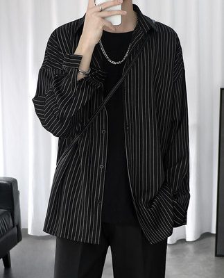 Sọc áo khoác nam mỏng mùa hè thủy triều thương hiệu trong quần áo giản dị xu hướng ngắn tay nam dài tay áo sơ mi đen