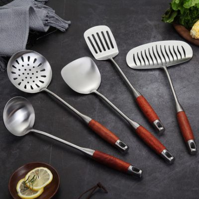 Tay cầm bằng gỗ thìa thép không gỉ gia dụng xẻng nấu ăn nhà bếp dụng cụ nhà bếp thìa chao chống bỏng bộ thìa rán thìa phẳng xẻng