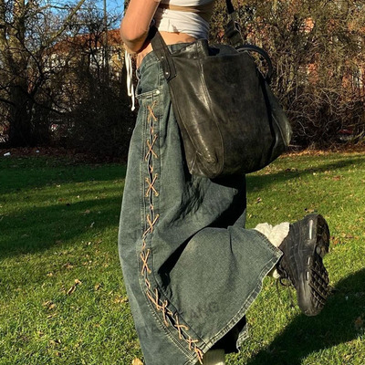 VintageTang Mỹ retro kiểu cũ váy denim dài cạp cao thắt lưng cao của phụ nữ váy thẳng hai rãnh