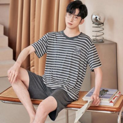 Đồ ngủ của nam giới mùa hè phương thức ngắn tay mỏng mùa hè thanh niên có thể mặc quần áo sọc ở nhà