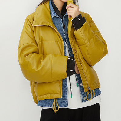 BH series mùa đông Hàn Quốc thời trang denim pu khâu dây kéo ve áo ngắn rộng rãi áo khoác của phụ nữ áo khoác ấm