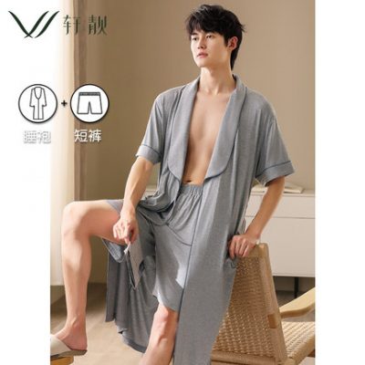 Phương thức áo ngủ nam mùa hè áo choàng tắm ngắn tay mát mẻ quần đùi hai mảnh phù hợp với kích thước lớn phục vụ tại nhà đồ ngủ pijama