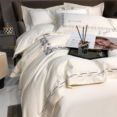 Bộ đồ giường thêu cao cấp tối giản của Ý phòng kiểu biệt thự mềm mại đóng gói mềm mại cotton nguyên chất cotton dài ghim bốn mảnh vải dệt gia đình