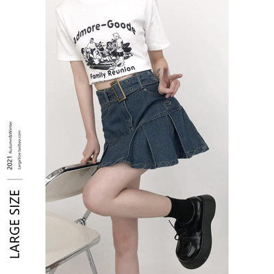 Thiết kế kích thước lớn thích hợp váy denim của phụ nữ mùa hè cạp cao xếp ly A-line nửa chiều dài váy ngắn mập mm che bụng để lộ gầy