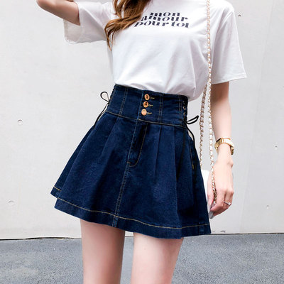Quần váy ngắn denim cạp cao 2022 mùa hè phong cách mới mỏng và mỏng váy xếp nếp một đường xếp nếp che phủ váy ô đáy quần