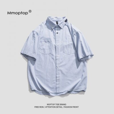 MMOPTOP mùa hè phóng khoáng phong cách Hồng Kông Văn học và nghệ thuật Nhật Bản cổ điển áo sơ mi ngắn tay nam giới thời trang áo sơ mi nam vải thô lười biếng