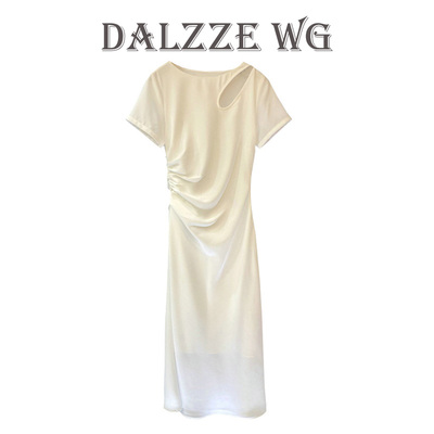 DALZZE WG2022 mùa hè mới phụ nữ sexy nhẹ kiểu dáng quen thuộc váy ngắn tay xếp ly mỏng rỗng