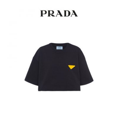 Prada / Prada Ladies Áo thun ngắn tay áo phông có thể tháo rời trâm cài