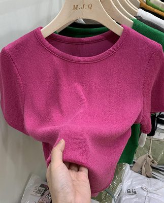 Hàng Châu Âu mùa hè áo thun nữ tay ngắn solid color áo thun ôm nửa tay tinh khiết ham muốn hot girl short sang trọng top in triều