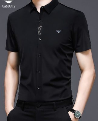 Chiamania băng lụa áo sơ mi ngắn tay nam nửa tay cao cấp mùa hè mỏng công sở liền mạch áo sơ mi nam màu đen