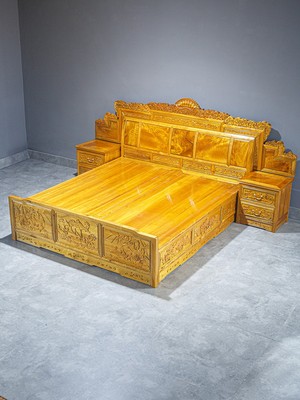 Nội thất nanmu vàng chính hãng giường gỗ rắn giường lá nhỏ Zhennan giường đôi giường ngủ bộ đồ giường nước gợn vương miện chạm khắc giường