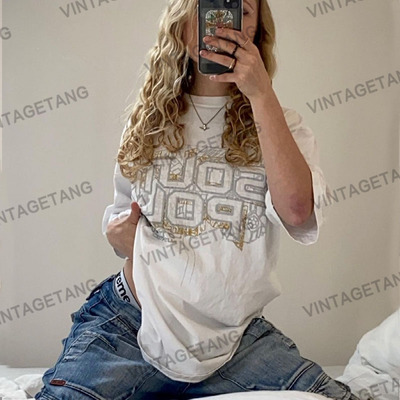 VintageTang Mỹ thiết kế cổ điển màu trắng thêu áo thun ngắn tay hợp thời trang của phụ nữ trong vải bông lỏng lẻo hai rãnh