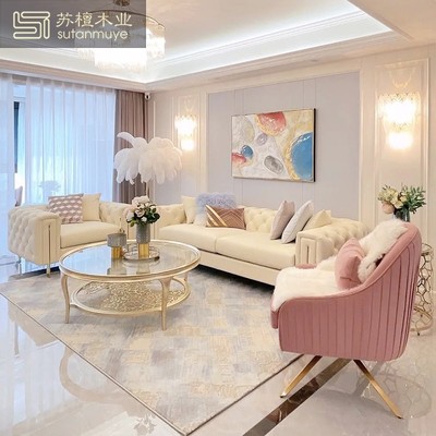 Ghế sofa vải da sang trọng màu sáng Mỹ phòng khách căn hộ nhỏ 123 kết hợp hiện đại tối giản sang trọng đồ nội thất màu đỏ thuần 27 độ