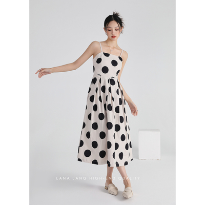 Váy chấm bi Lana Lang 2022 mùa hè mới váy dài váy dài đi lại váy eo cao