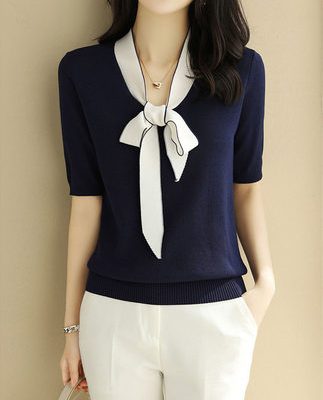 Năm điểm tay áo len dệt kim của phụ nữ mùa hè mỏng phần 2022 mới áo thun ngắn tay rộng rãi phong cách phương Tây mỏng trên cùng