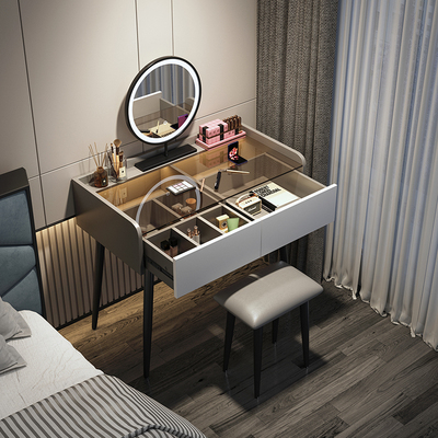 Bàn trang điểm cao cấp bằng kính nhẹ sang trọng phòng ngủ hiện đại tối giản đa chức năng bàn trang điểm nhỏ lưới màu đỏ in gió