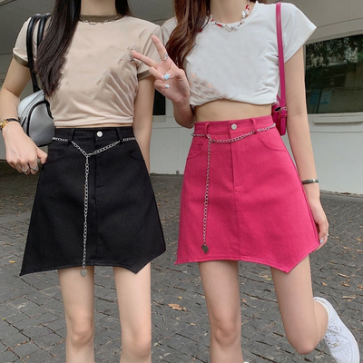 Váy cỡ lớn chất béo mm chuỗi eo cao không đều váy denim 2022 mới mùa hè mỏng một dòng váy ngắn phụ nữ