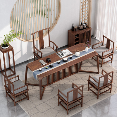 Bàn trà kiểu Trung Quốc mới Bàn trà gỗ nguyên khối Bàn trà hiện đại tối giản homestay Bàn ghế Zen kết hợp bàn trà gỗ óc chó