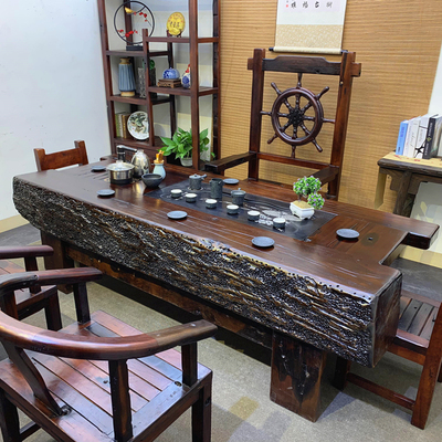 Bàn trà gỗ thuyền cũ kết hợp bàn trà kung fu gỗ nguyên khối Bàn trà phong cách trung quốc mới bộ bàn trà trọn bộ 1 mét 8 bàn trà