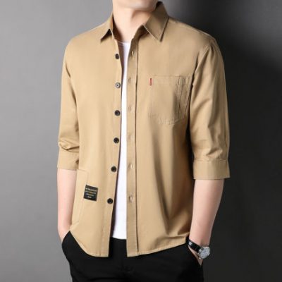 7 ba phần tư tay áo bảo hộ lao động áo sơ mi cotton của nam giới mùa hè mỏng phần trung bình áo sơ mi xu hướng áo khoác ngắn tay của nam giới