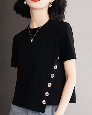 Áo thun ngắn tay màu đen không thường xuyên của phụ nữ mùa hè 2022 cotton mới cho thấy quần áo mùa hè mỏng nhỏ hàng đầu