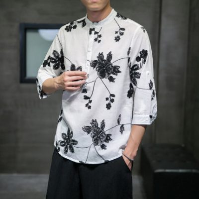 Áo sơ mi lanh nam ngắn tay phong cách Trung Quốc thêu bông và vải lanh T-shirt mùa hè thủy triều thương hiệu cổ đứng băng lụa áo ba phần tư tay áo