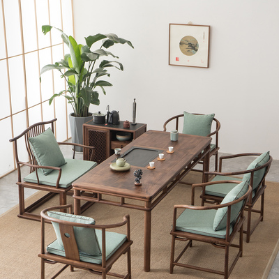 Đồ nội thất phòng trà gỗ óc chó Zen màu đen Bắc Mỹ đơn giản hiện đại bằng gỗ rắn mới Bàn trà cây du cũ của Trung Quốc và ghế kết hợp