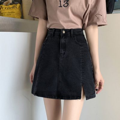 Chẻ cạp cao váy ngắn denim của phụ nữ 2022 mới túi mùa hè lỏng lẻo hông váy váy đen a-line váy