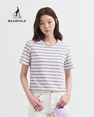 BEANPOLE Binbo 2022 mùa xuân và mùa hè mới của phụ nữ áo thun sọc hoa oải hương cổ tròn tay ngắn