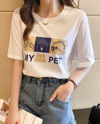 2022 mùa hè mới cổ tròn tay ngắn áo thun nữ áo sơ mi dưới cùng áo thun in màu đen lỏng lẻo