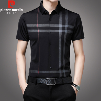 Pierre Cardin áo sơ mi ngắn tay của nam giới mùa hè băng lụa mỏng phần kinh doanh kẻ sọc trung niên xu hướng thời trang giản dị