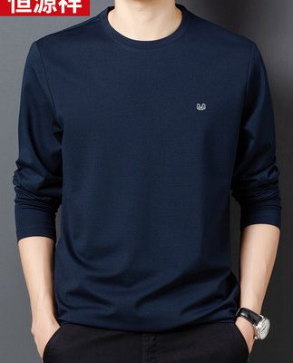 Hengyuanxiang mùa xuân thanh niên nam trung niên áo phông lụa dài tay cổ tròn thêu màu đồng nhất áo phông phía dưới áo sơ mi