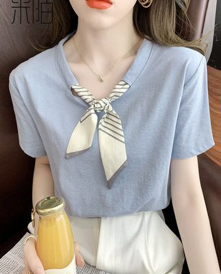 Thời trang mùa hè Thường xuyên vai trước Áo thun tay ngắn Quần áo của phụ nữ 2022 Mới hợp thời trang nhỏ hàng đầu Quần áo nữ cotton tinh khiết