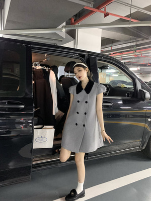 Người đàn ông cà chua Pháp váy houndstooth nữ mùa hè kẻ sọc cổ điển giảm tuổi tác mỏng hai lớp cổ áo búp bê váy ngắn