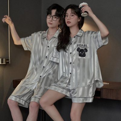 Mùa hè ngắn tay điều hòa nhiệt độ mát lạnh vài bộ đồ ngủ lụa tuyết cho nam quần áo mặc nhà hai mảnh sọc mỏng của cô gái