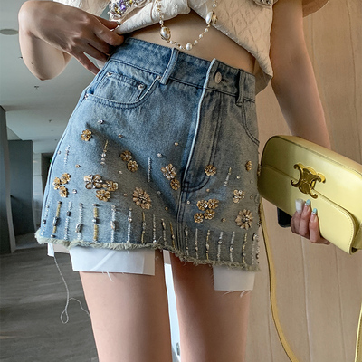 [Earth store] Công nghiệp nặng Váy denim đính hạt kim cương của phụ nữ mùa hè váy ngắn chữ A lưng cao lưng cao